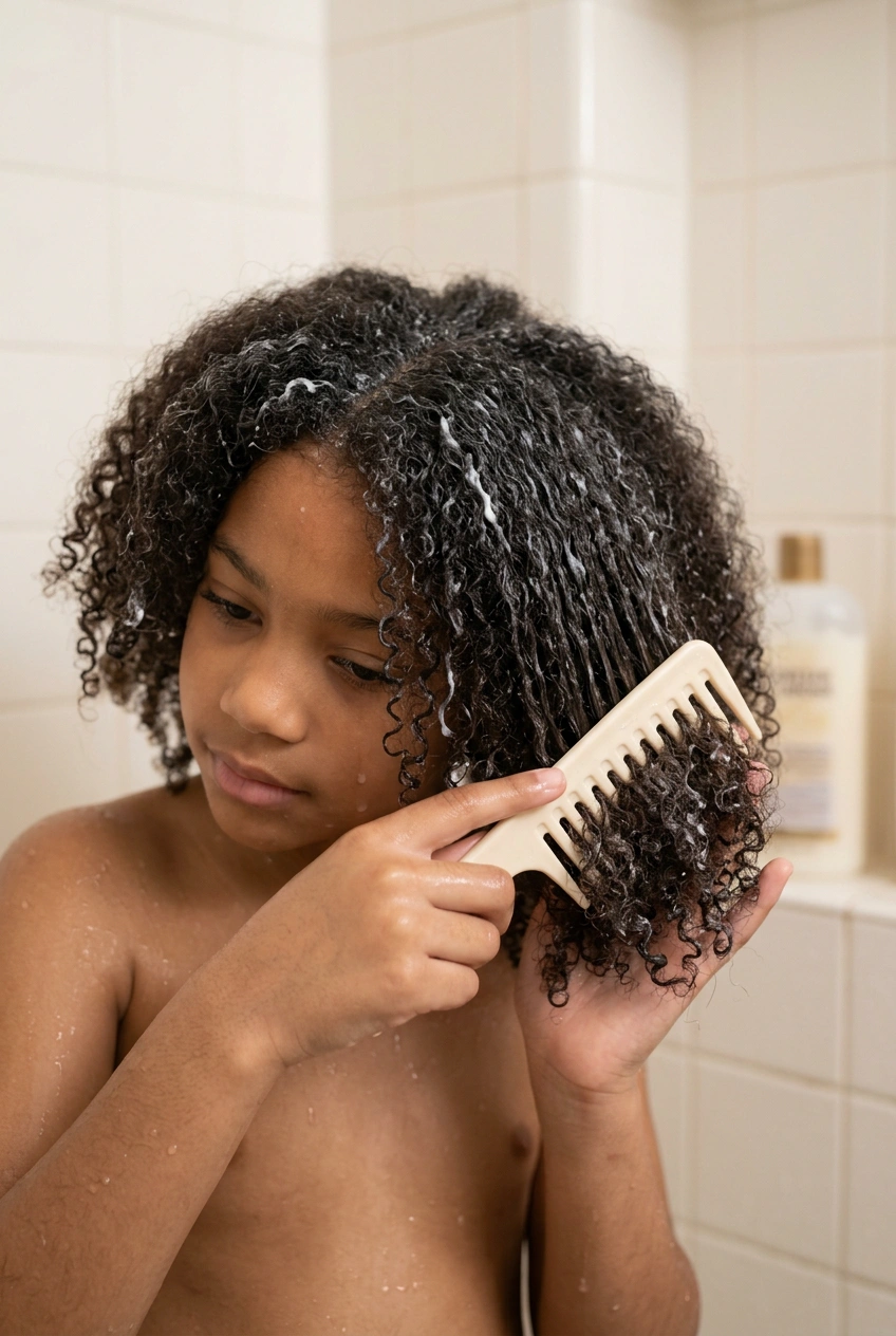 Close-up of textured hair being detangled with a wide-tooth comb in the shower