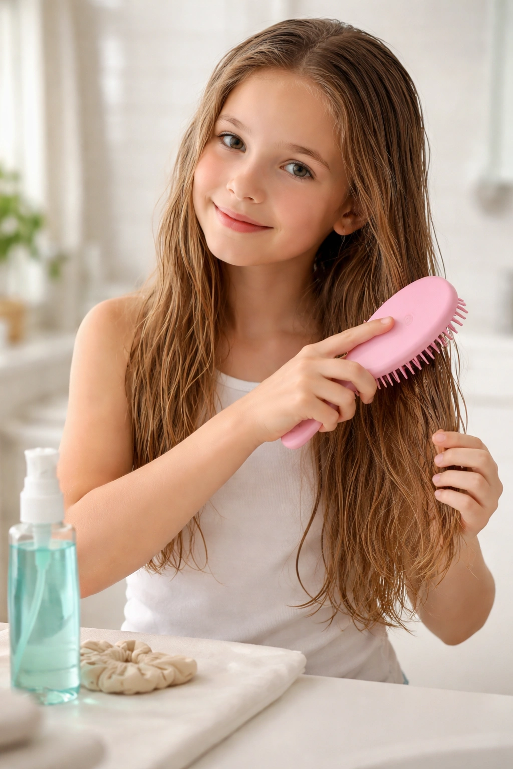 Close-up of tween detangling wet hair with spray and brush