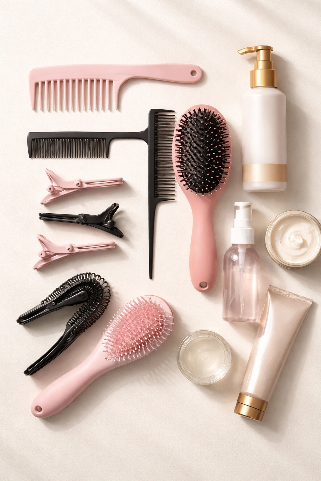 Flat lay of detangling tools including a wide-tooth comb, rat-tail comb, clips, and brush.