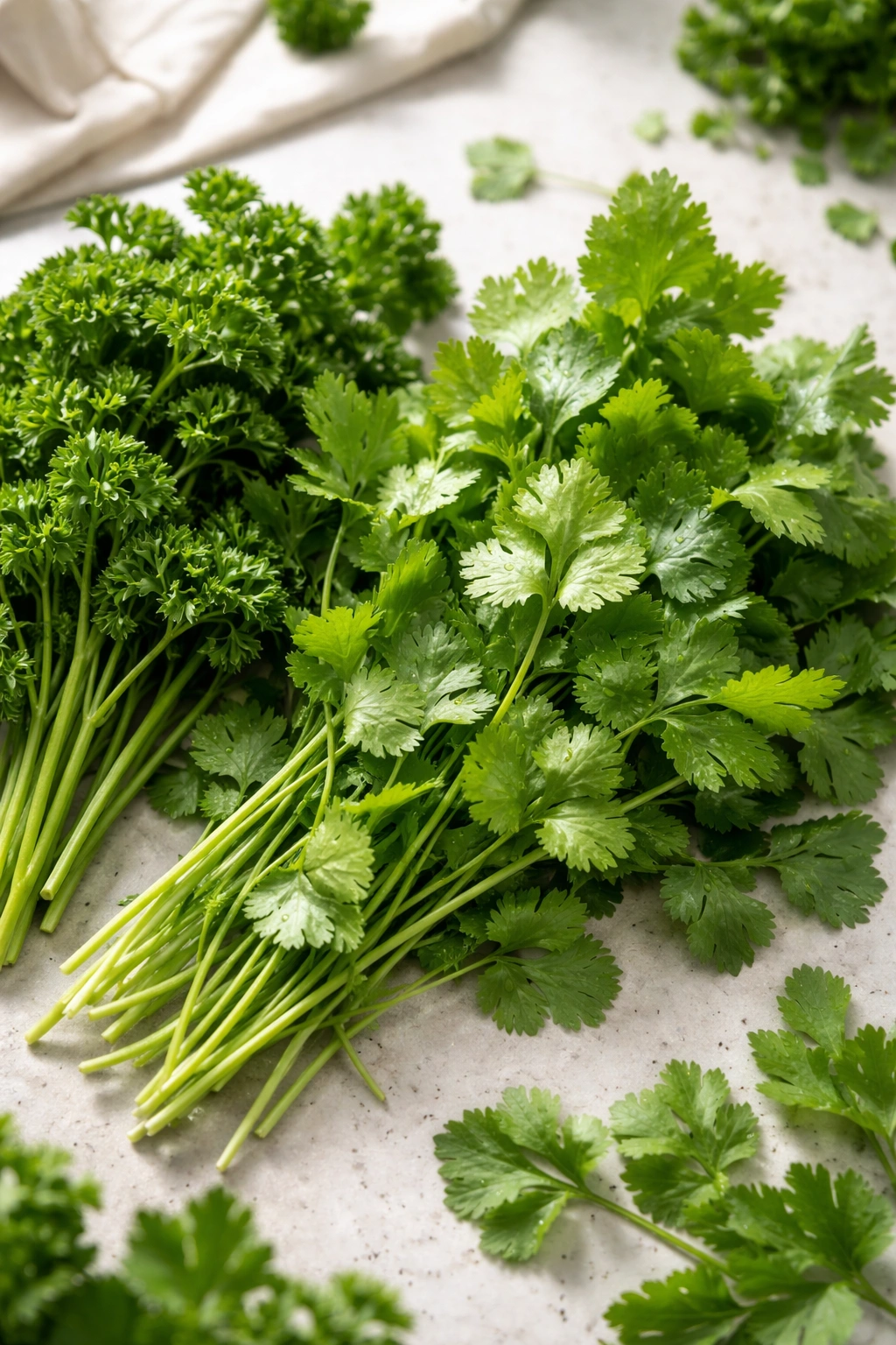 Close-up of fresh cilantro and parsley leaves on a neutral surface