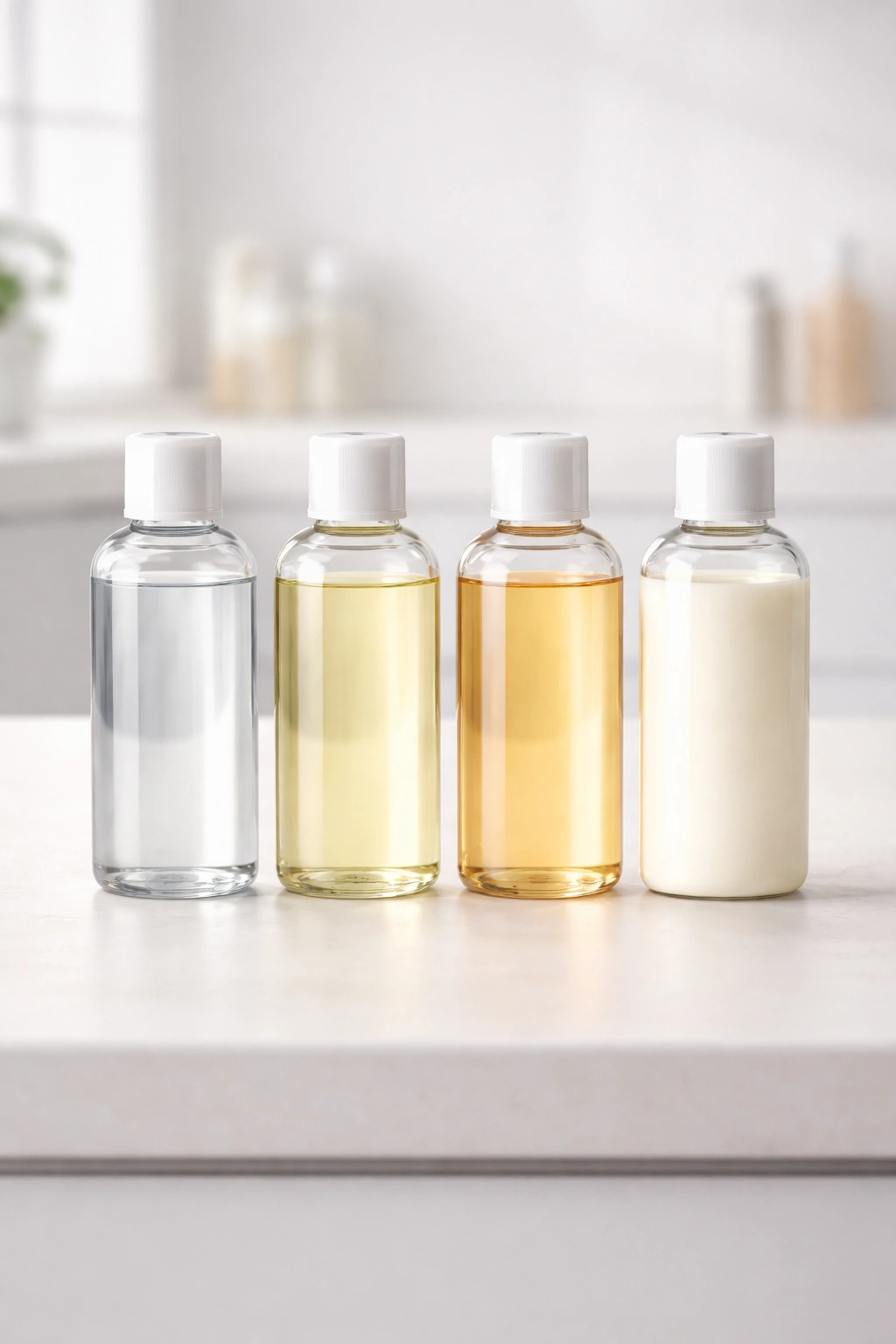Four bottles showing different peroxide strengths without labels, representing developer strength