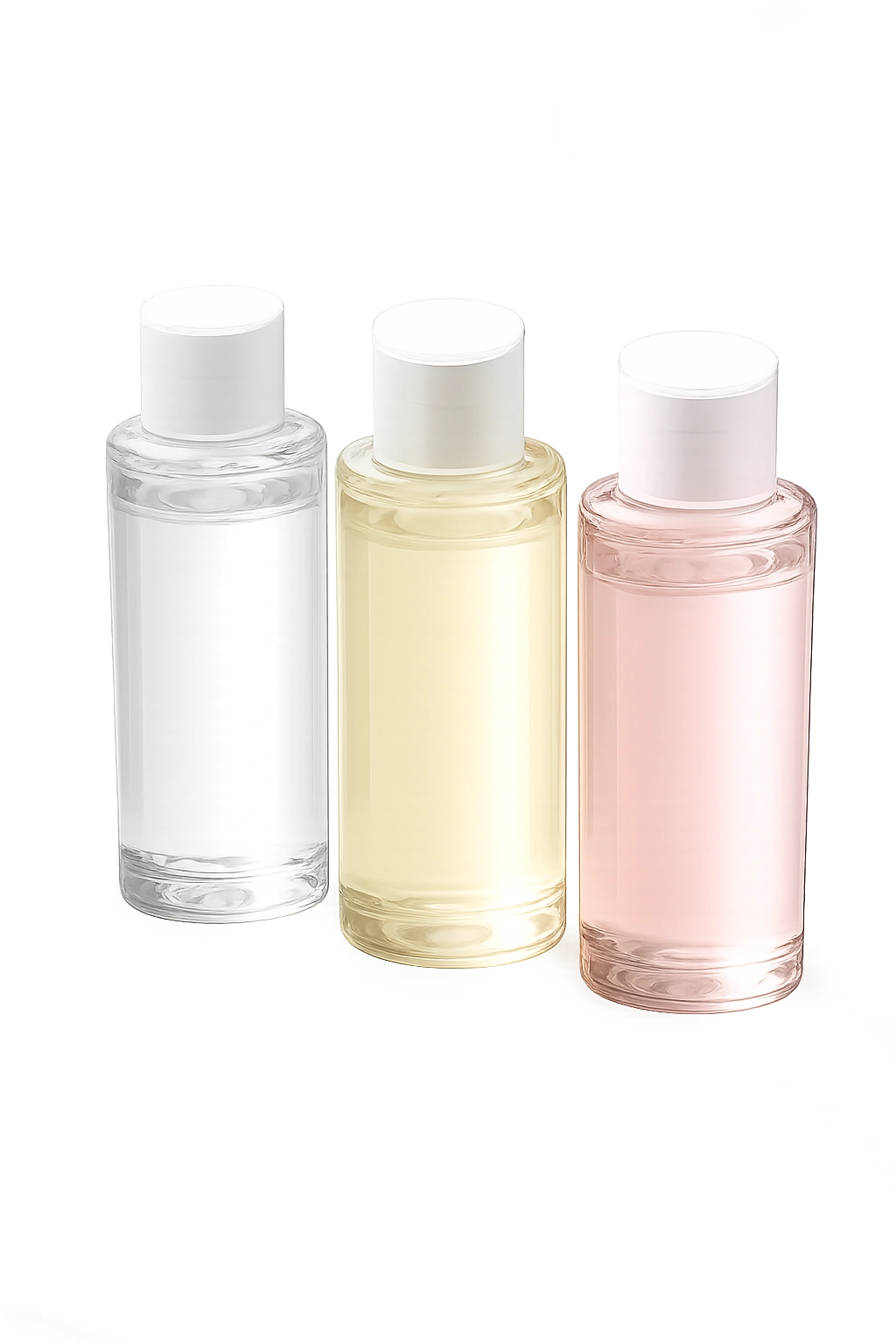 Row of developer bottles with different liquid tones representing volumes on white background