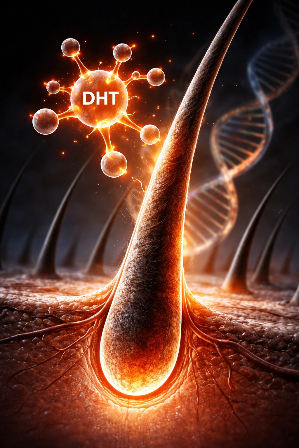 Hair follicle with a simplified DHT molecule illustration against a dark background