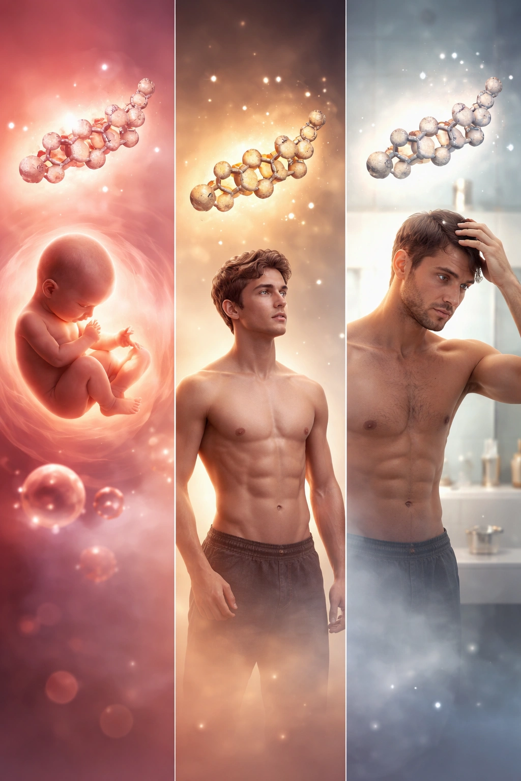 Three DHT molecules at different sizes illustrating life-stage roles of dihydrotestosterone