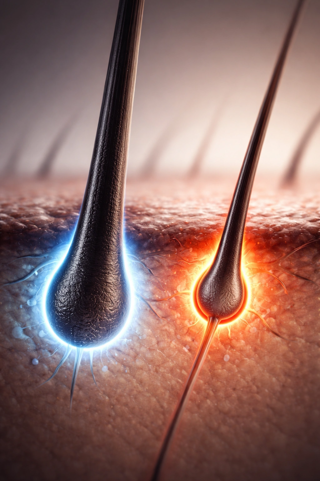Close-up of scalp follicle showing DHT-related shrinking effect