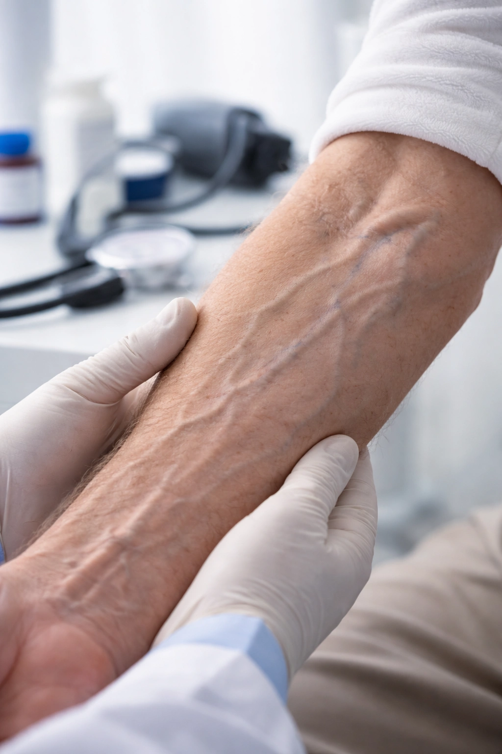 Macro shot of forearm with visible veins, implying medical condition considerations