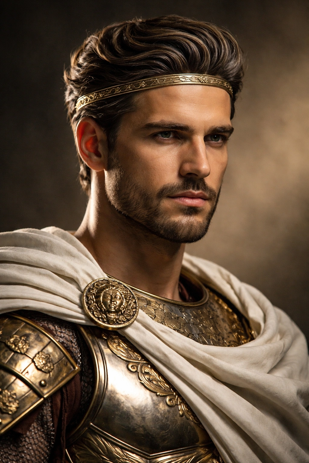 Portrait of a leader-like man with swept-back hair and a slim diadem headband.