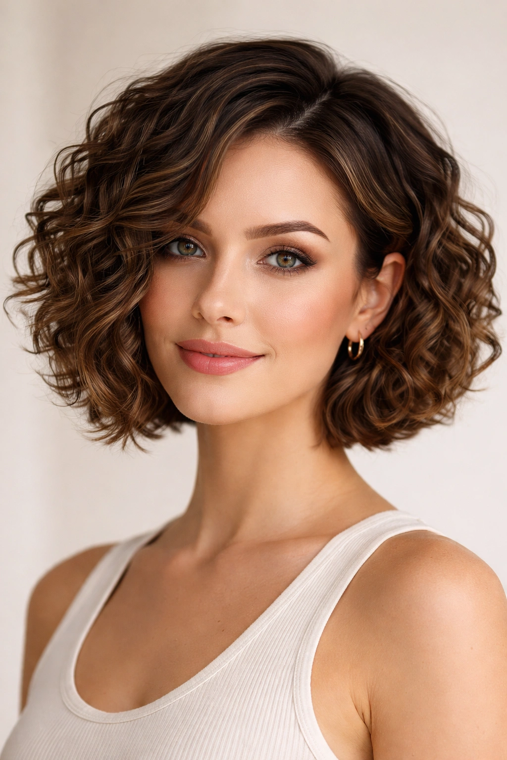 Front view of chin-length diagonal cut with defined curls