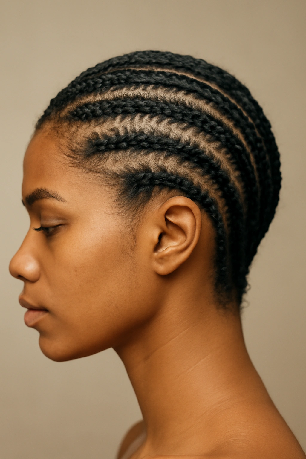 10 Cornrow Styles That Look Amazing on Short Hair 8 Side profile of diagonal cornrows running from temple to nape on short hair.