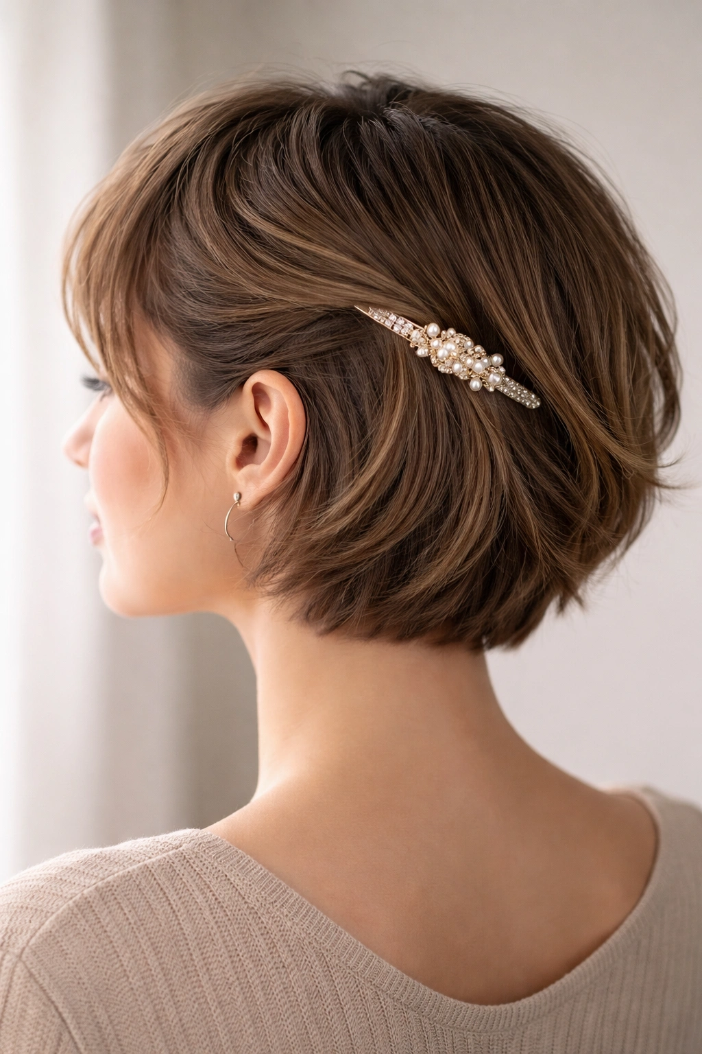 Diagonal hair section swept from temple to behind ear secured with clip