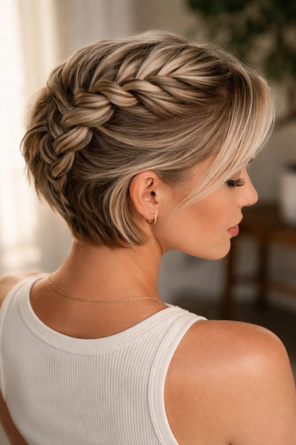 Top view of a diagonal French braid running from crown to side on short hair