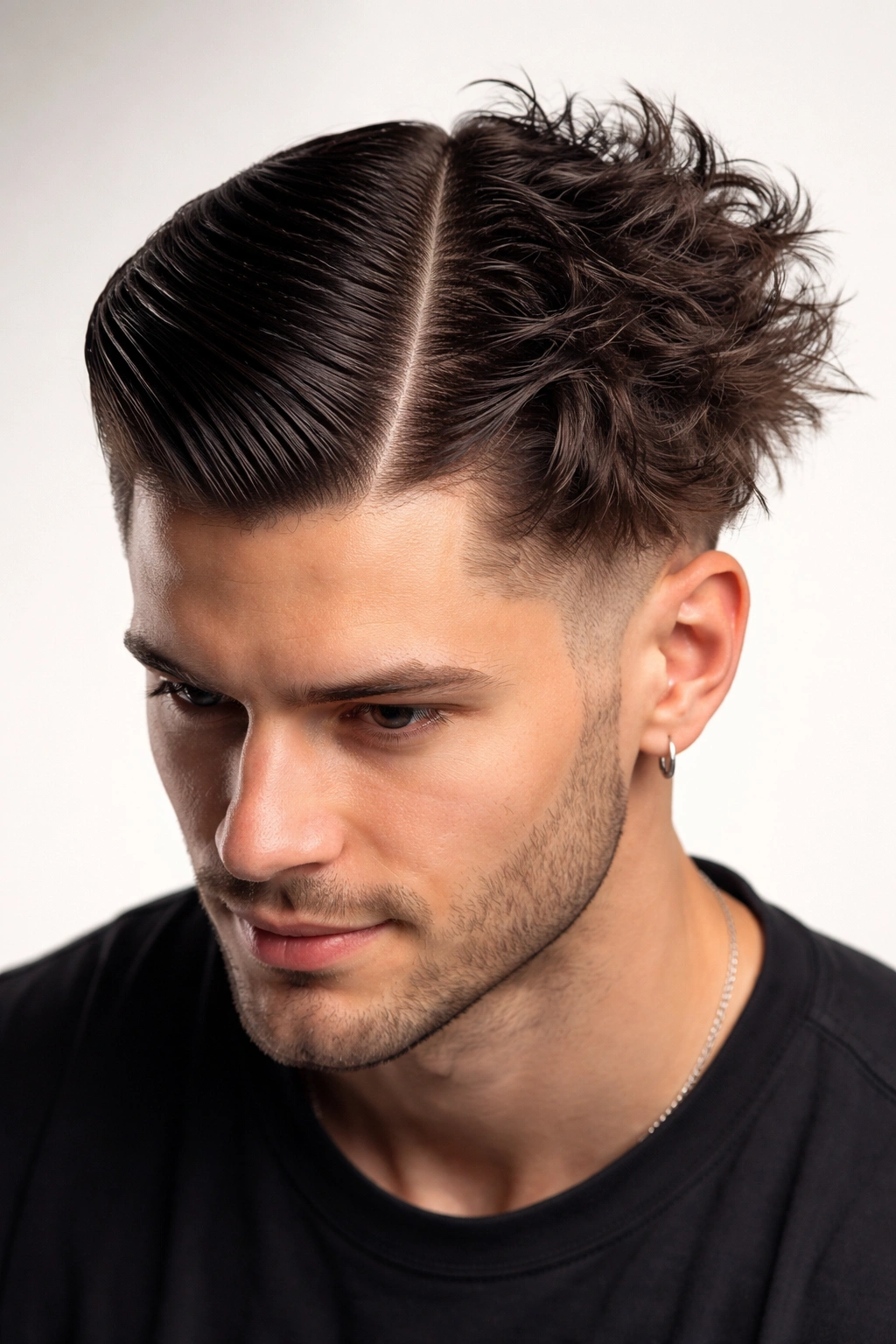 Head with diagonal hair part creating two distinct hairstyle halves