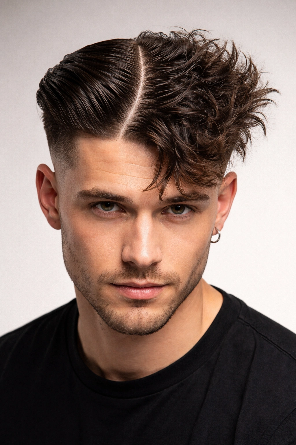 Diagonal hair part from front to back with two distinct sides