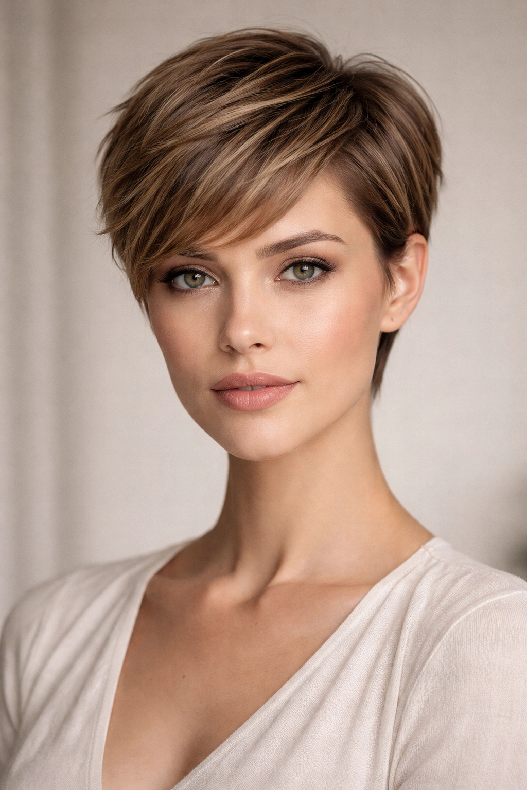 Close-up portrait of a person with a modern short haircut suited for a diamond face, studio lighting