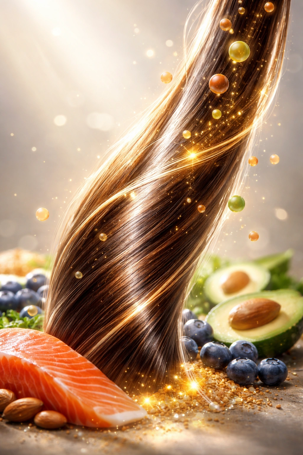 Glossy healthy hair strand representing diet impact on hair health