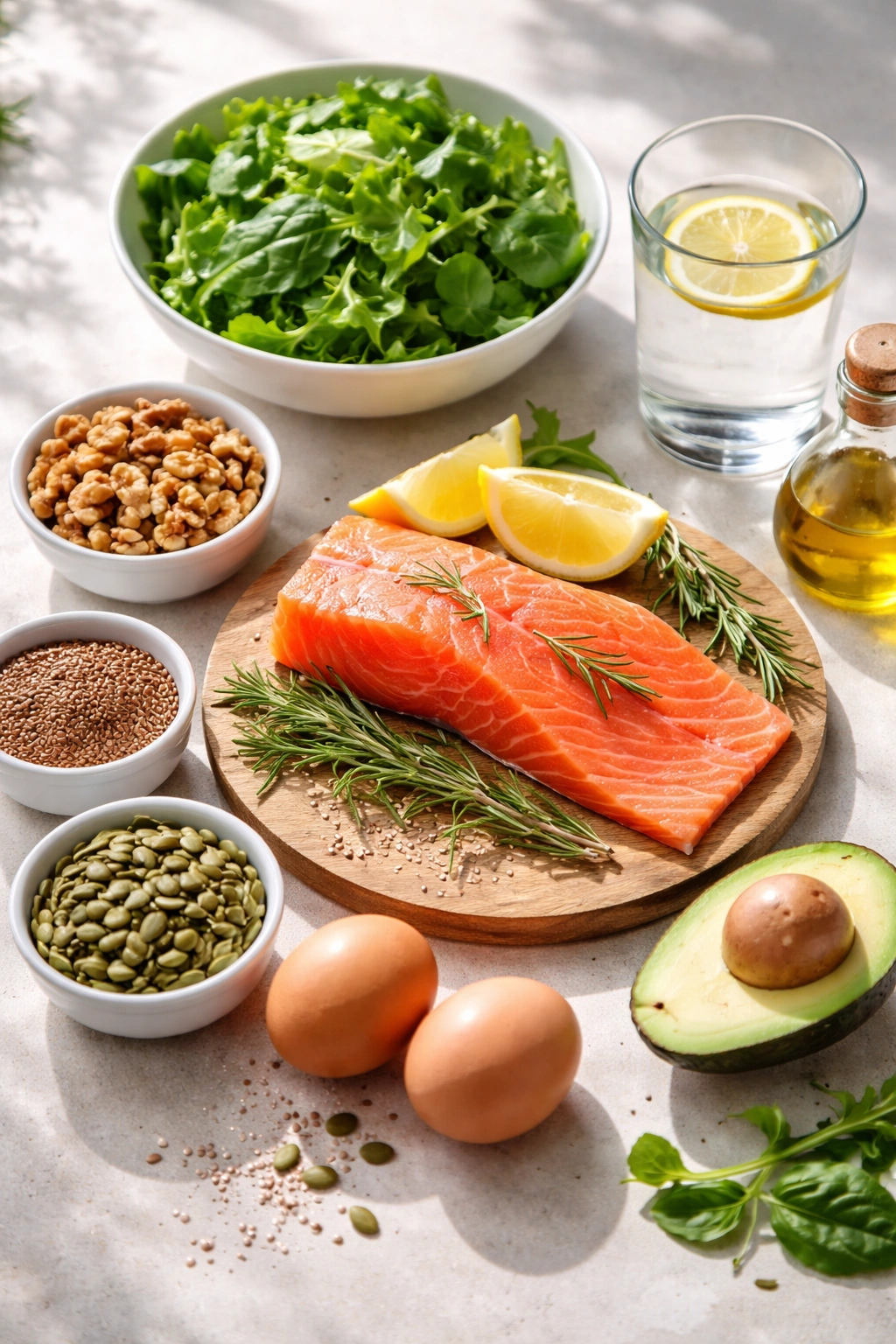 Close-up of healthy foods and water illustrating diet, hydration, and scalp health