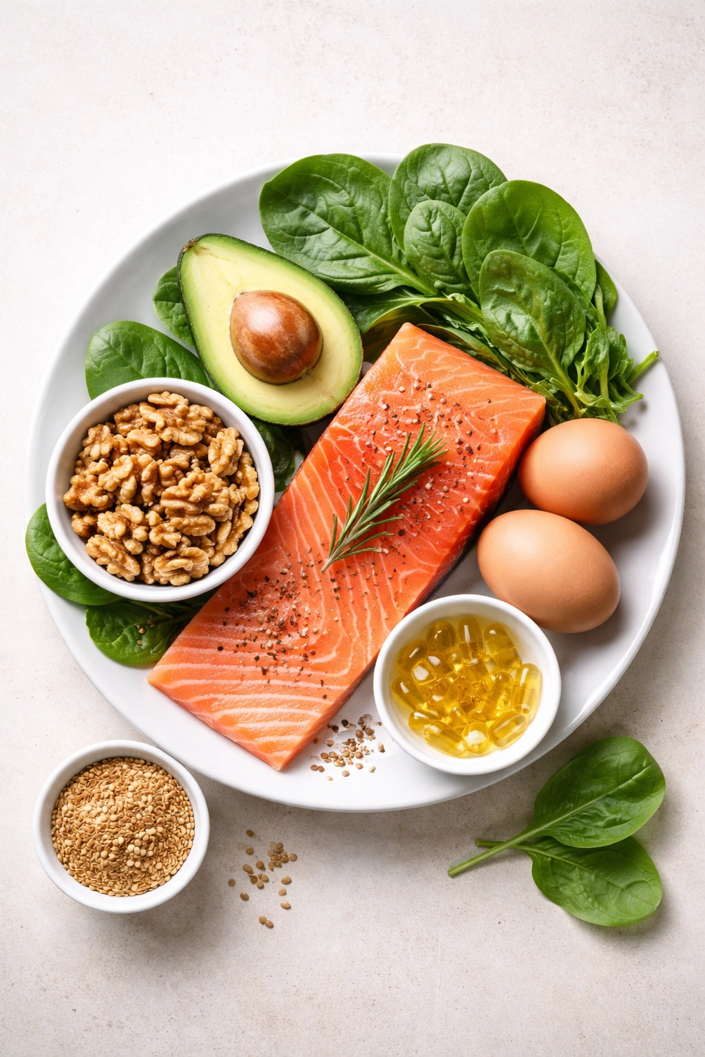 Still life of salmon, walnuts, eggs, spinach, and avocado on a plate.