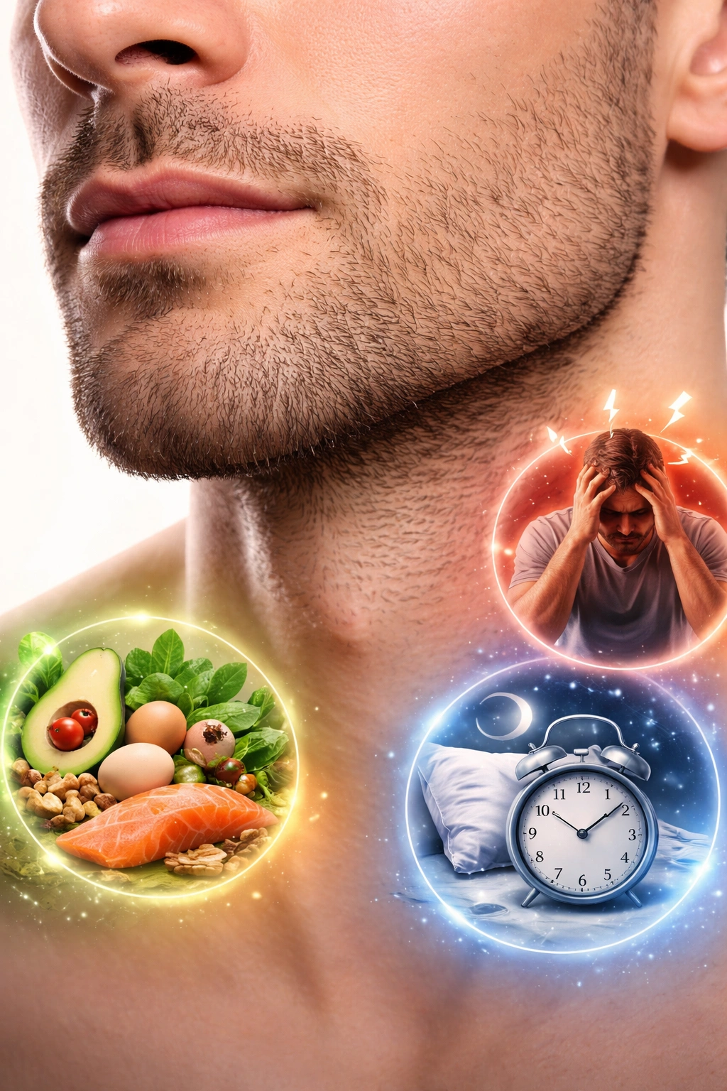 Close-up of beard area with visual cues for nutrition and stress effects