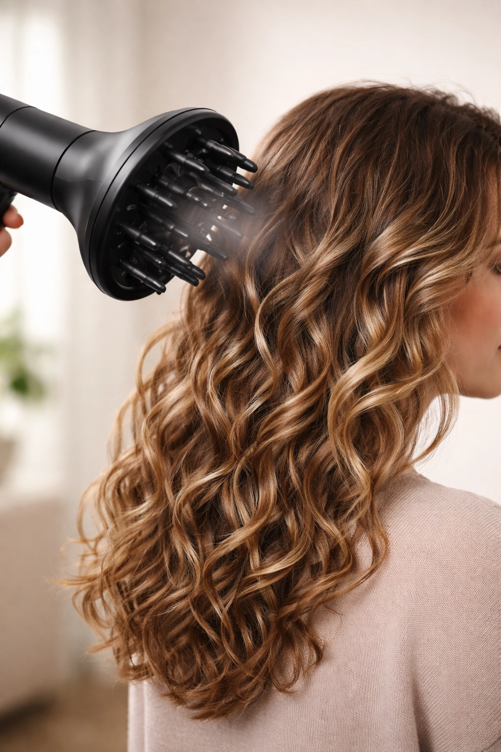 Diffuser hovering above roots to diffuse wavy hair
