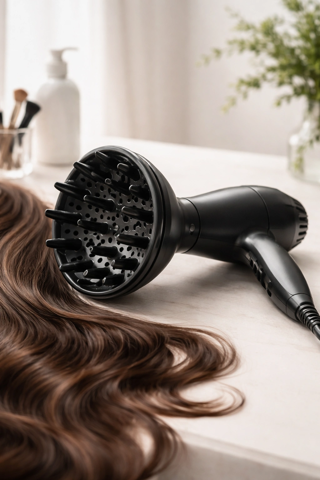 Diffuser attached to a hair dryer with healthy, shiny hair around it.