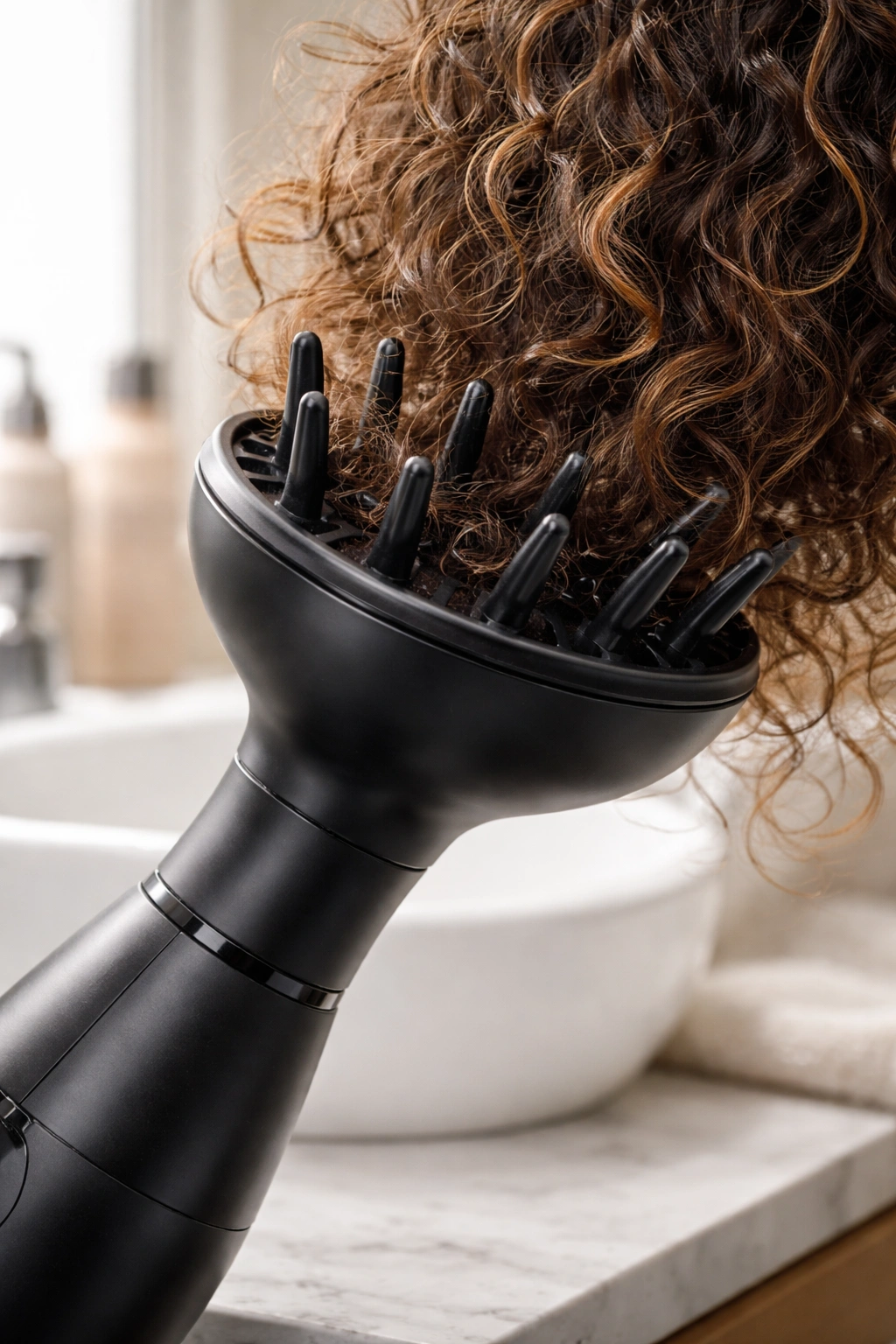 Close-up of a diffuser attached to a hair dryer with frizzy, uneven curls.