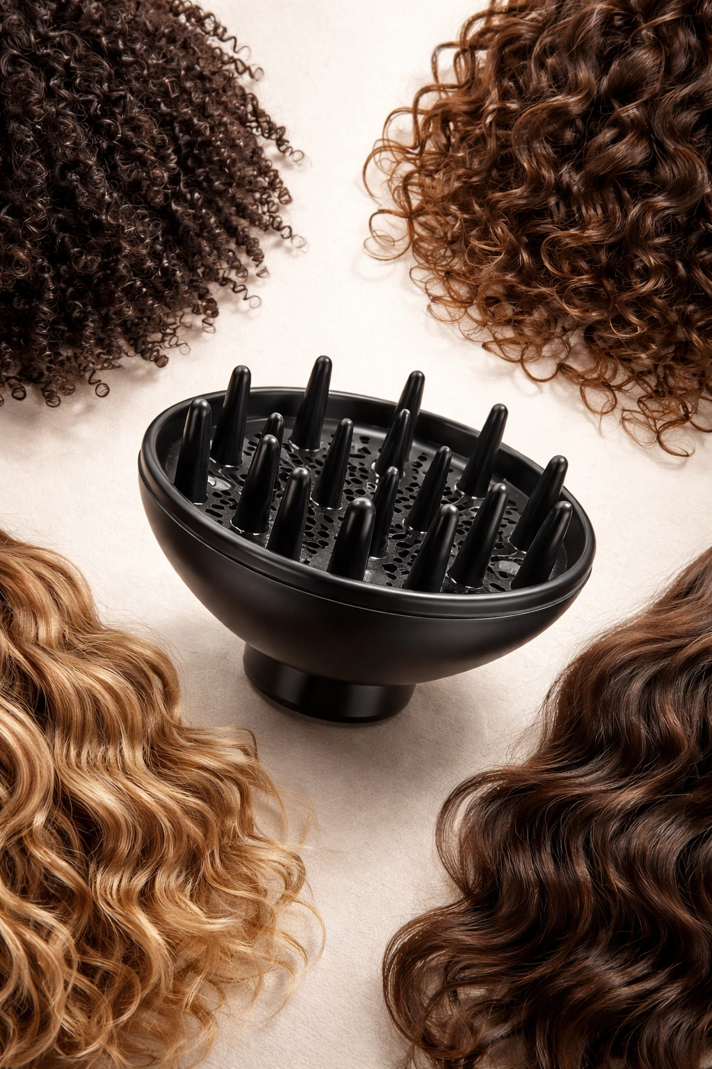 Diffuser centered with visible curl textures around it to represent hair types.