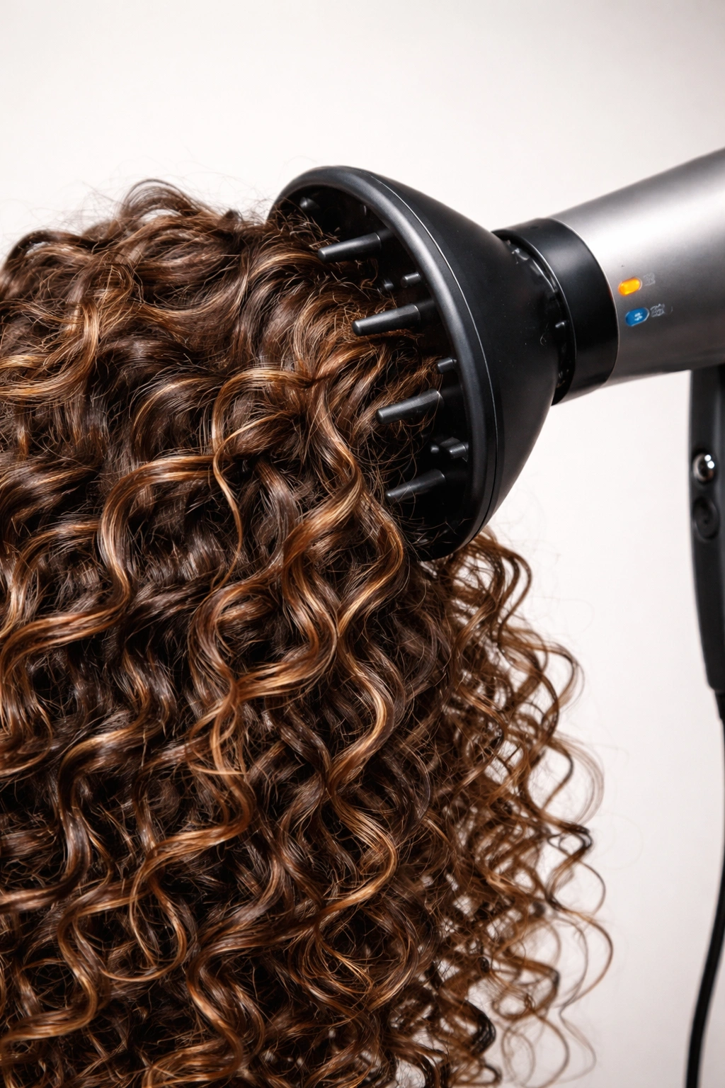 Diffuser on dryer delivering controlled heat to curly hair