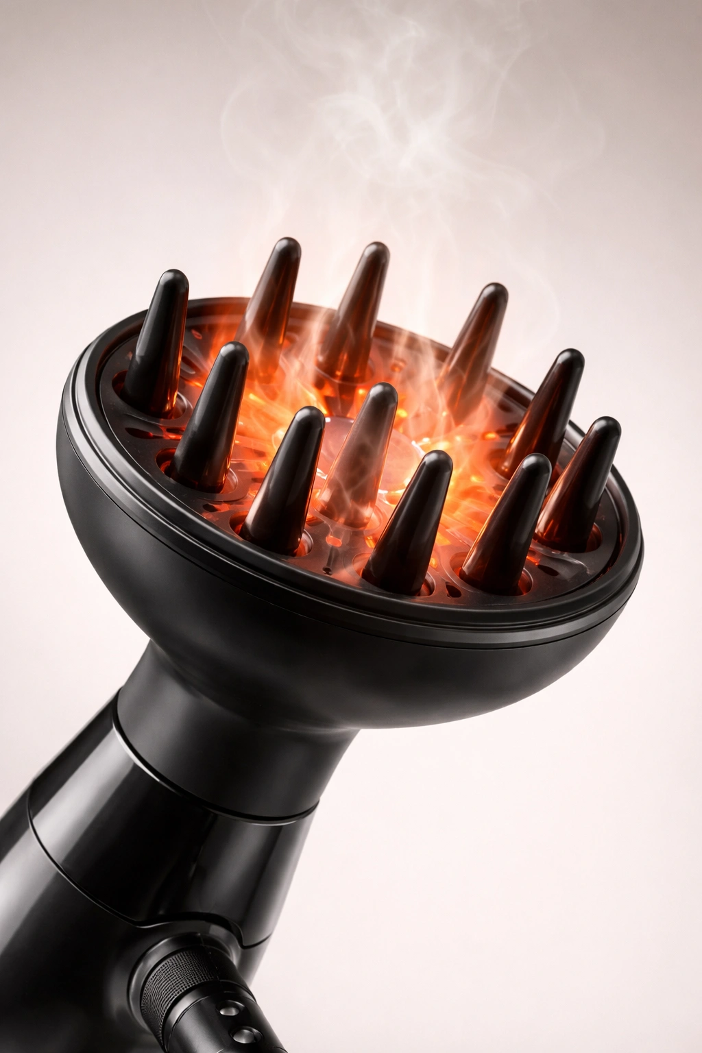 Close-up of diffuser attached to hair dryer with warm glow, studio setup