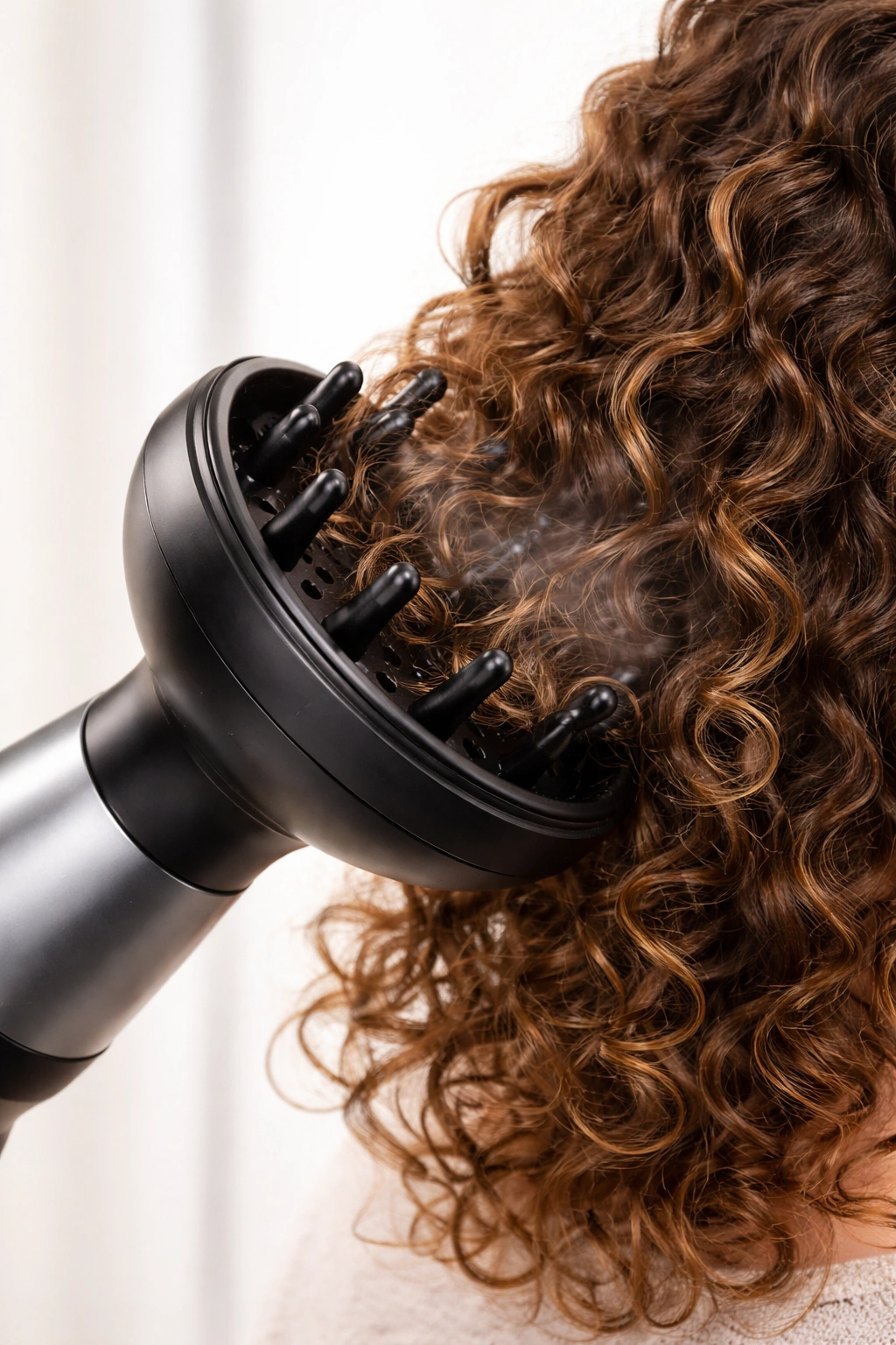 diffuser on a hair dryer diffusing a curly section
