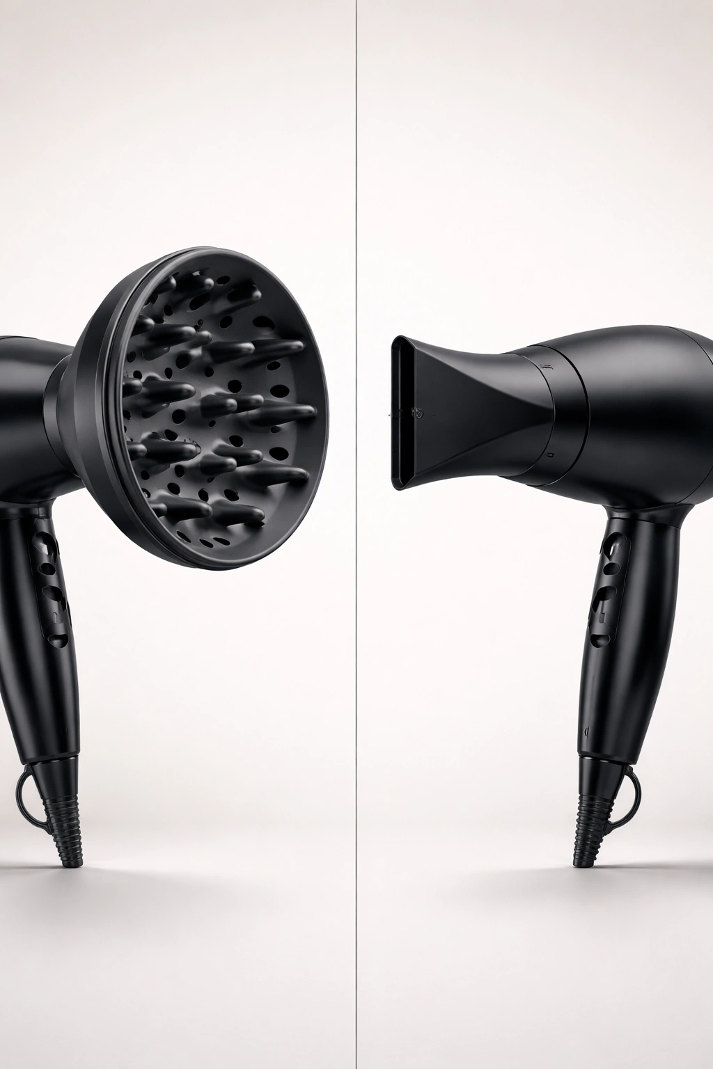 Side-by-side view of diffuser on dryer and regular blow dryer nozzle