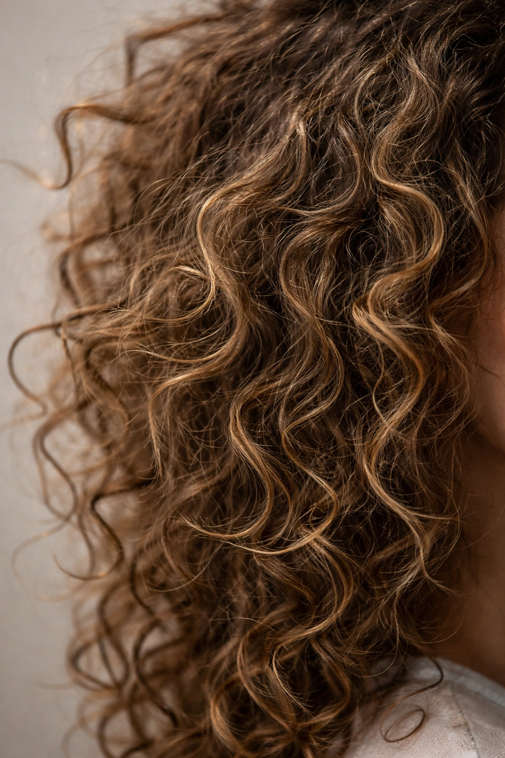 Close-up of frizzy hair showing uneven curl directions from diffuser mistakes.