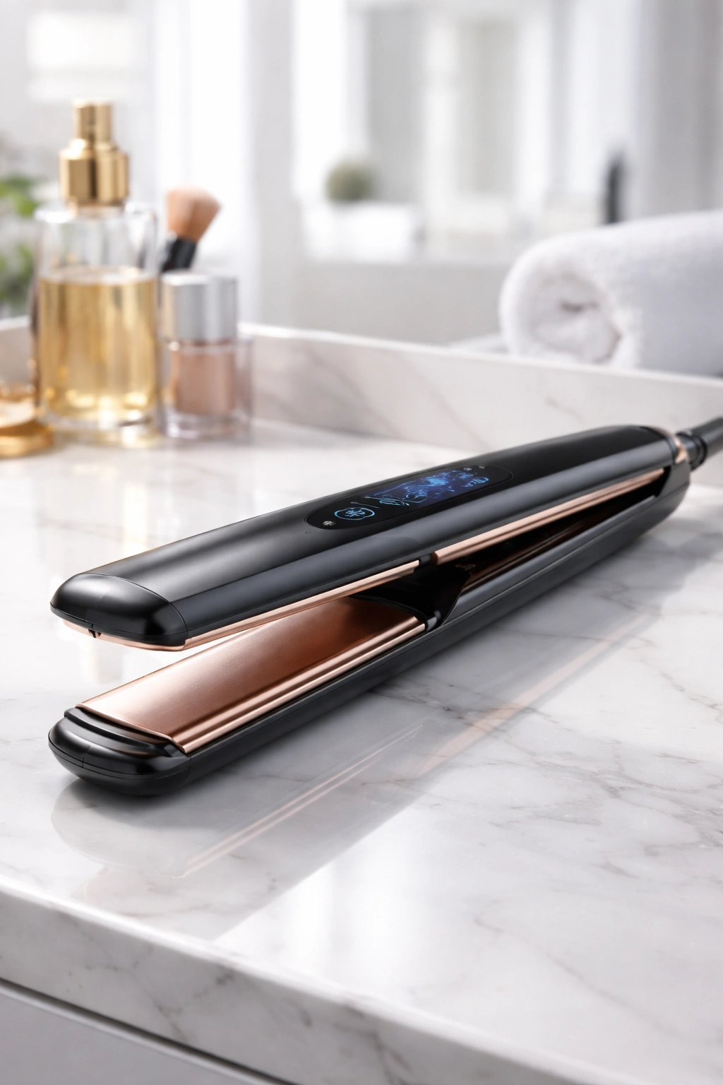 Sleek modern straightener with abstract digital icons on panel