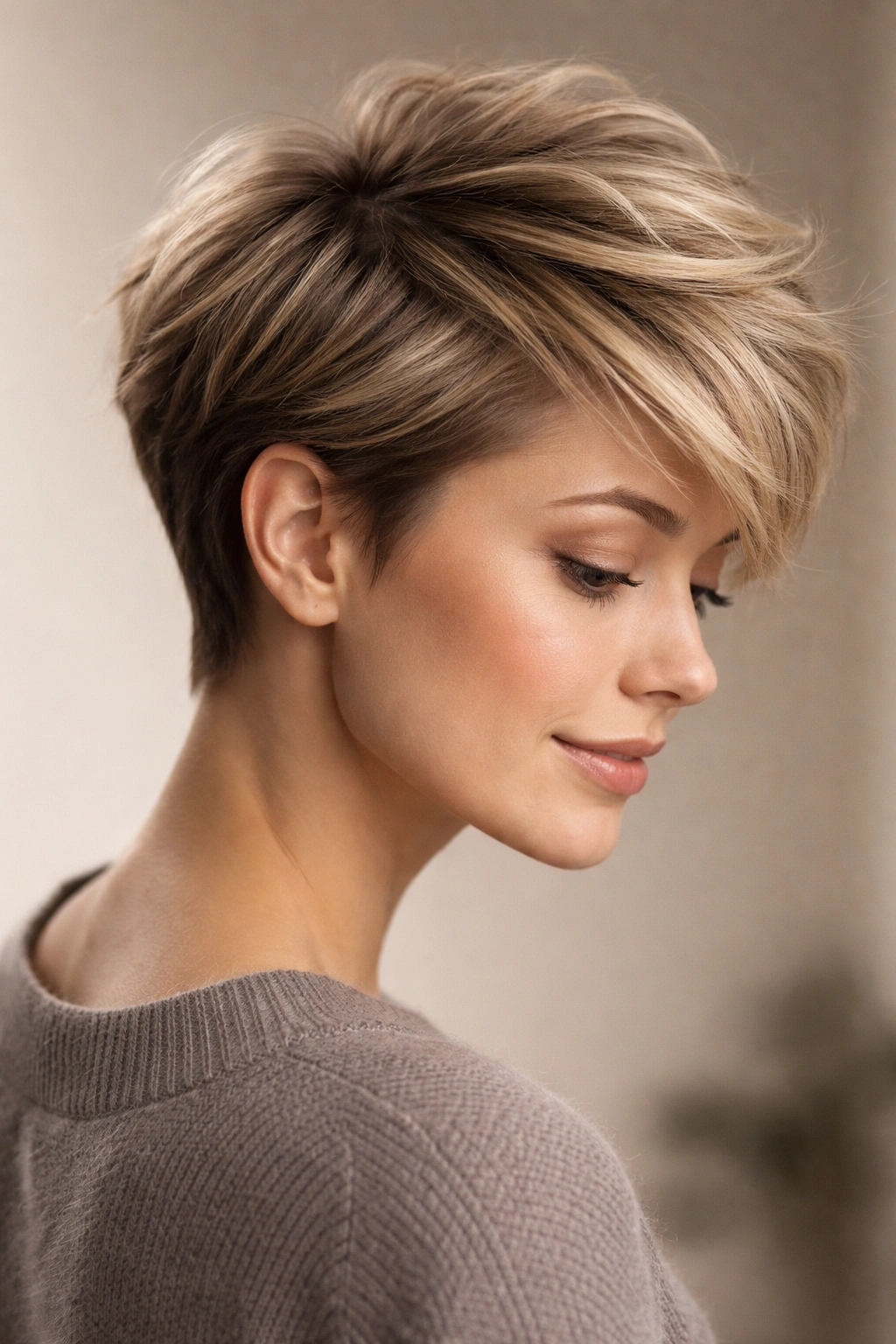 Crown lift and side-swept texture on short hair showing dimension