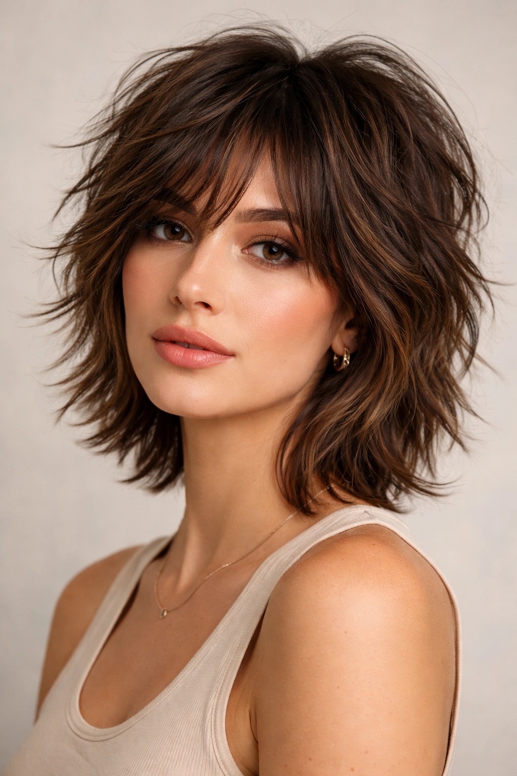 Close-up of a person with a short tousled brunette shag showing dimensional color and texture