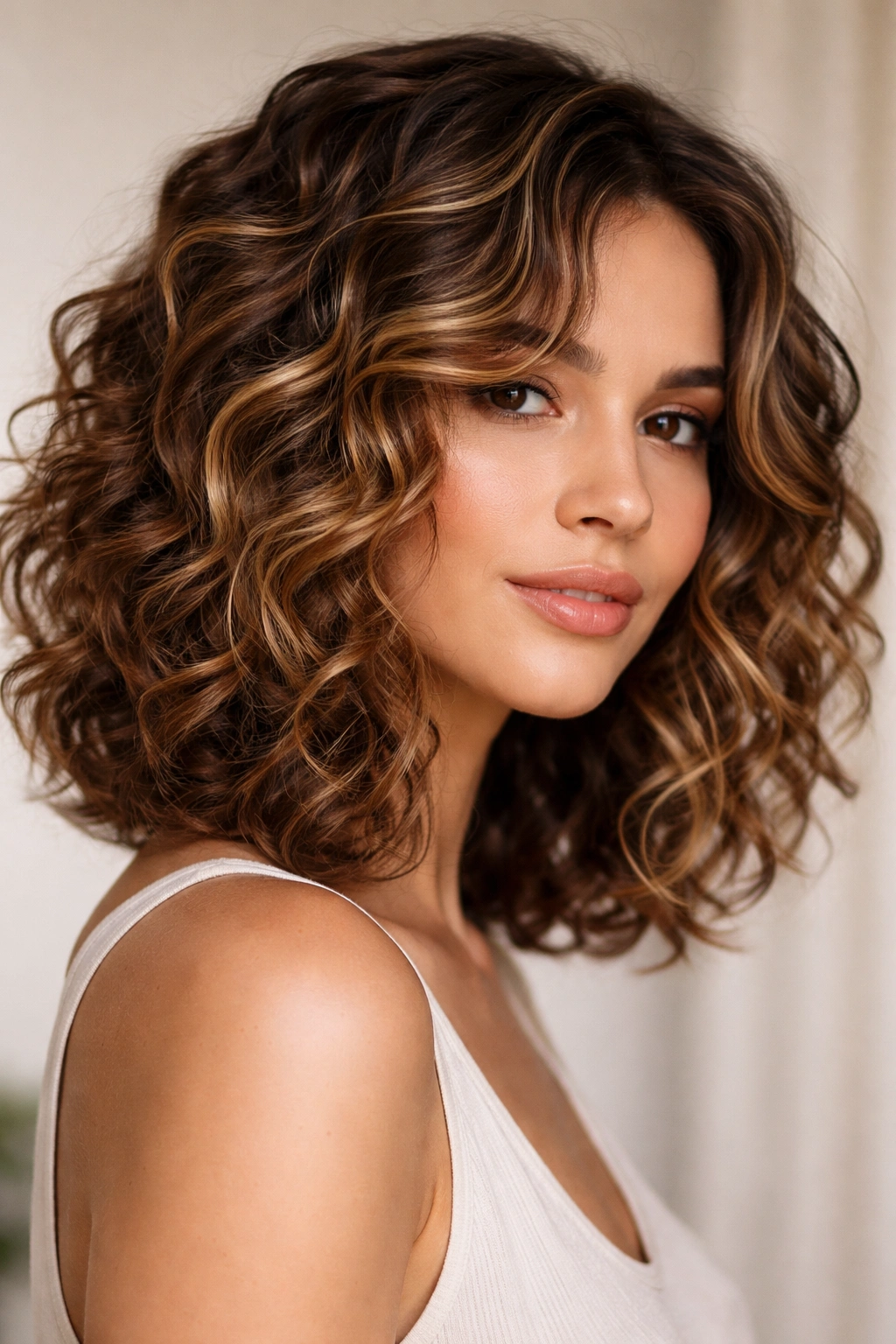 15 Curly Lob Haircuts At The Perfect Length 12 Curly lob showing dimensional highlights and face-framing lighter strands