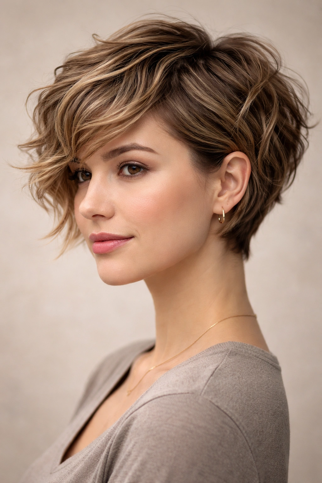 Dimensional pixie bob with textured layers and face-framing sides on wavy hair