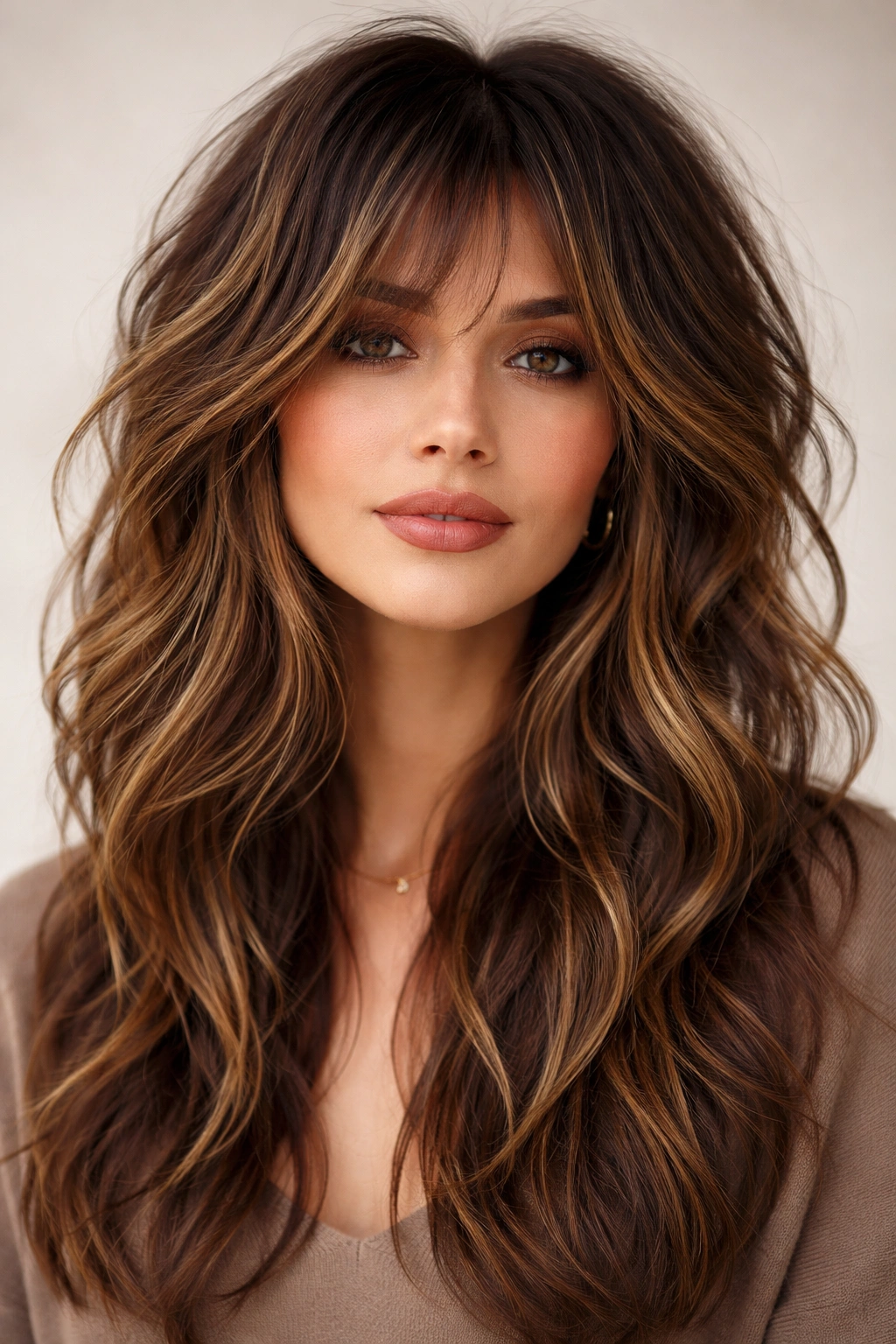 Dimensional shag with highlights on thick hair showing depth and texture