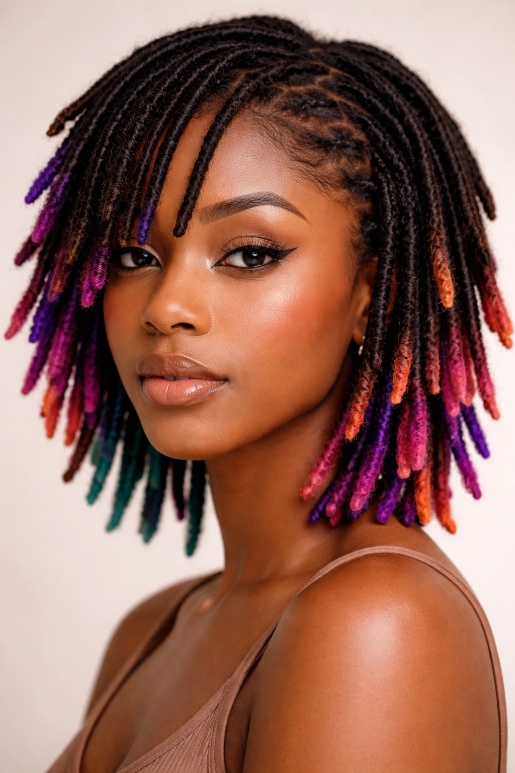 Close-up of short locs with color-dipped tips against a neutral backdrop