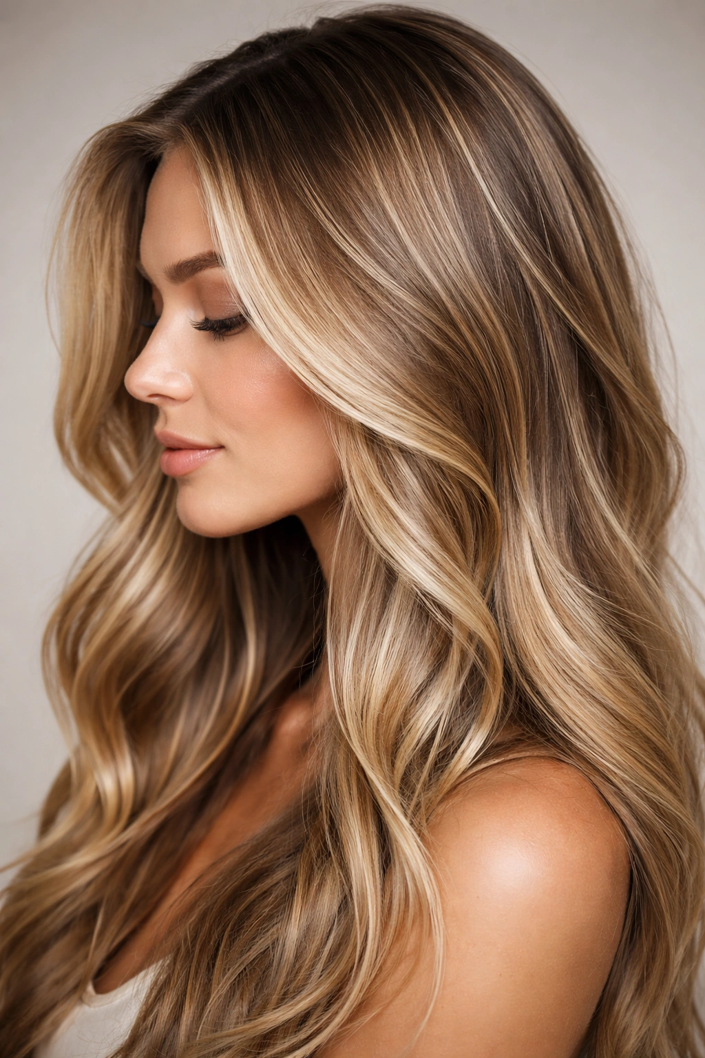 Side profile of dirty blonde hair with balayage highlights blending dark base into lighter pieces