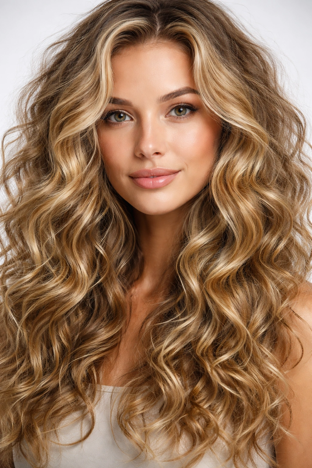 Curly dirty blonde hair showing texture and dimension