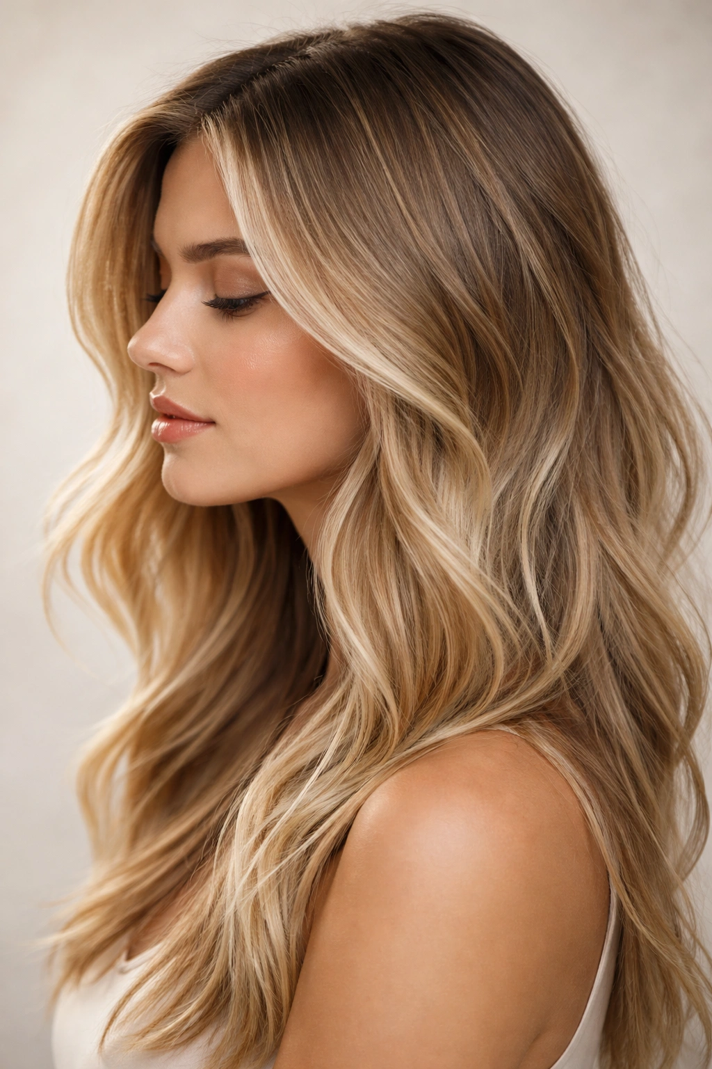 Close-up of dirty blonde hair showing natural root growth and blended ends