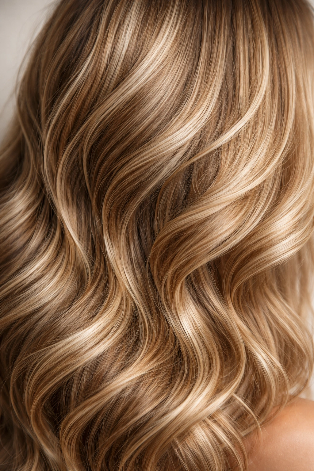 Close-up of multi-tonal dirty blonde hair with beige undertones and golden highlights