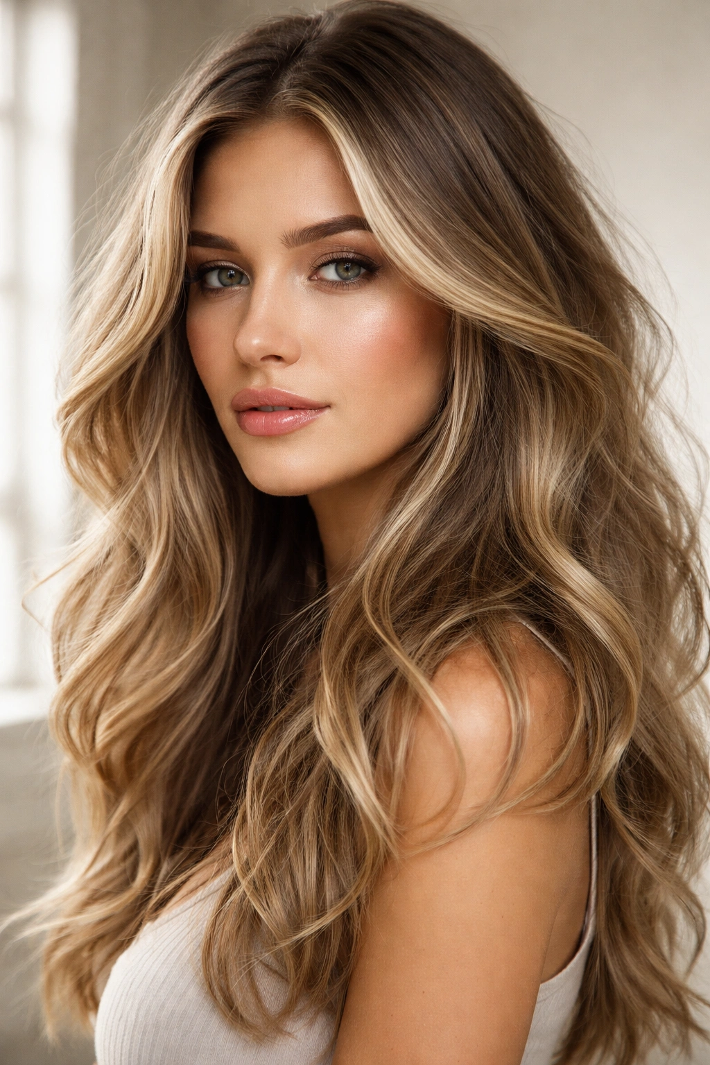 Dimensional dirty blonde hair with taupe and golden flecks in darker base