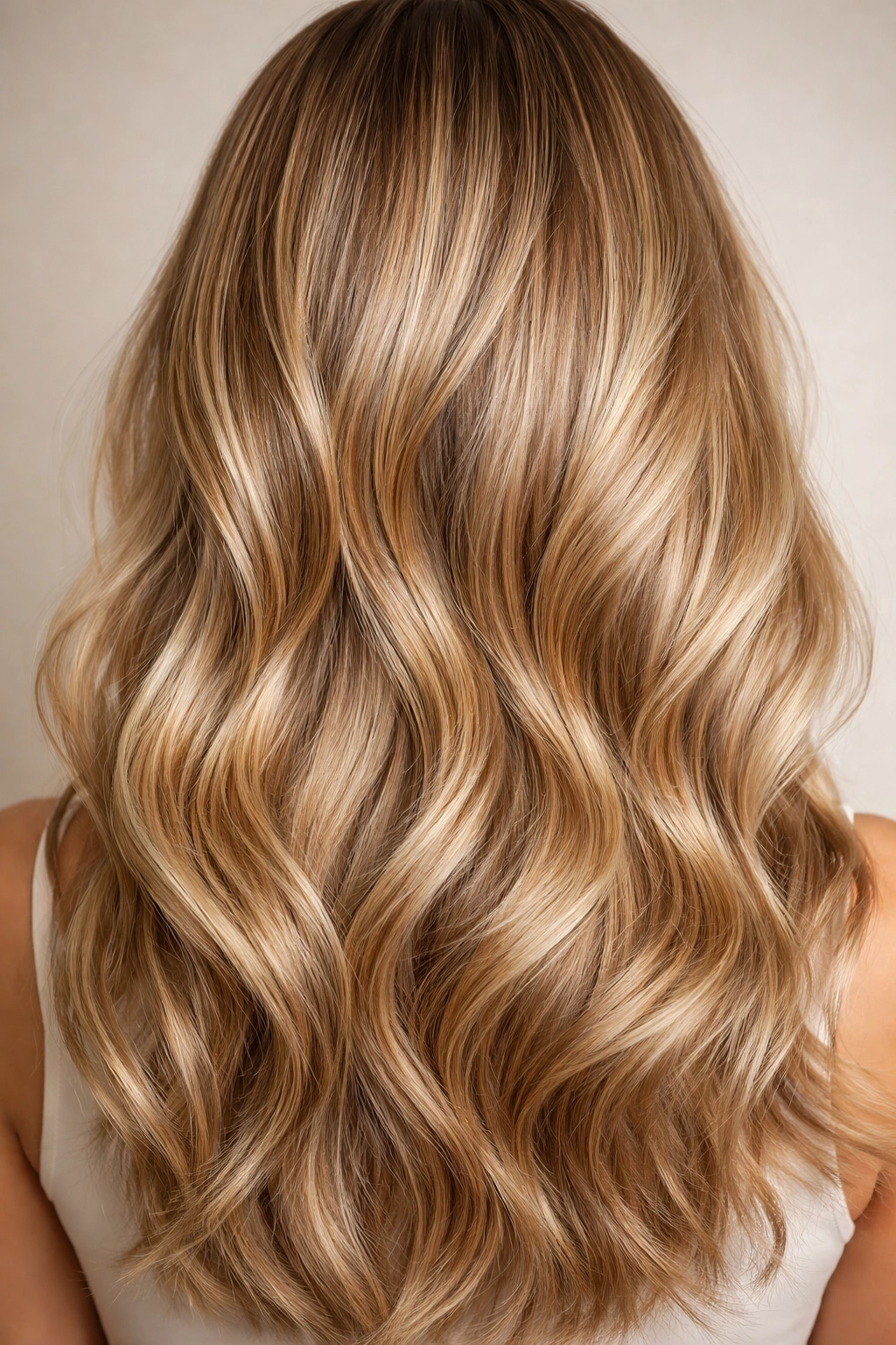 Glossy dirty blonde hair close-up with beige to golden tones catching light