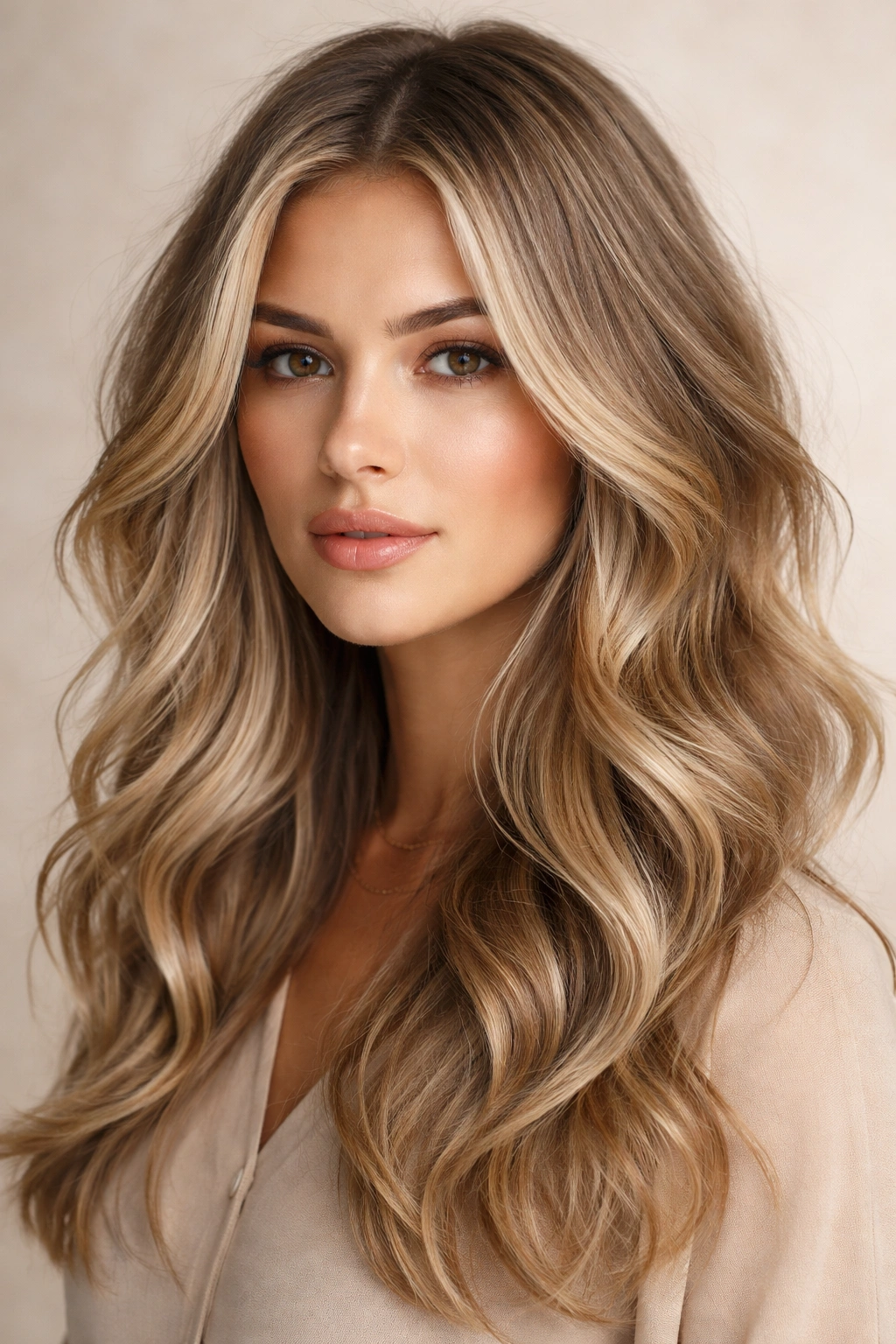 Dirty blonde hair with loose waves showing dimensional color