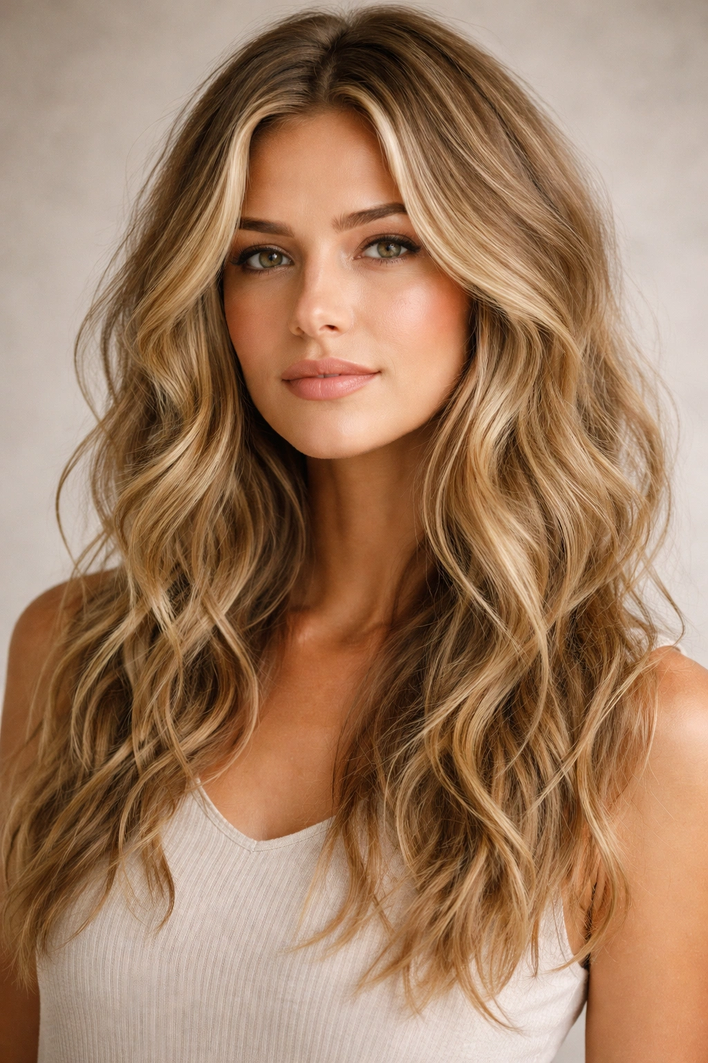 Dirty blonde hair with textured waves and muted undertones