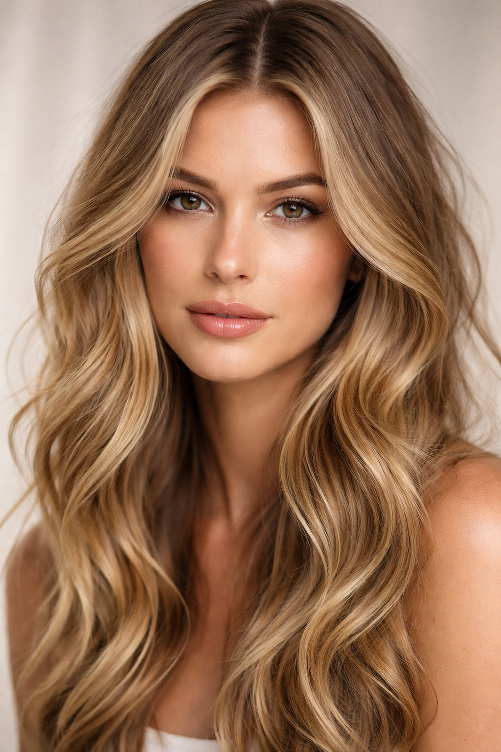 Hair close-up showing harmonious warm and cool dirty blonde tones with glossy finish