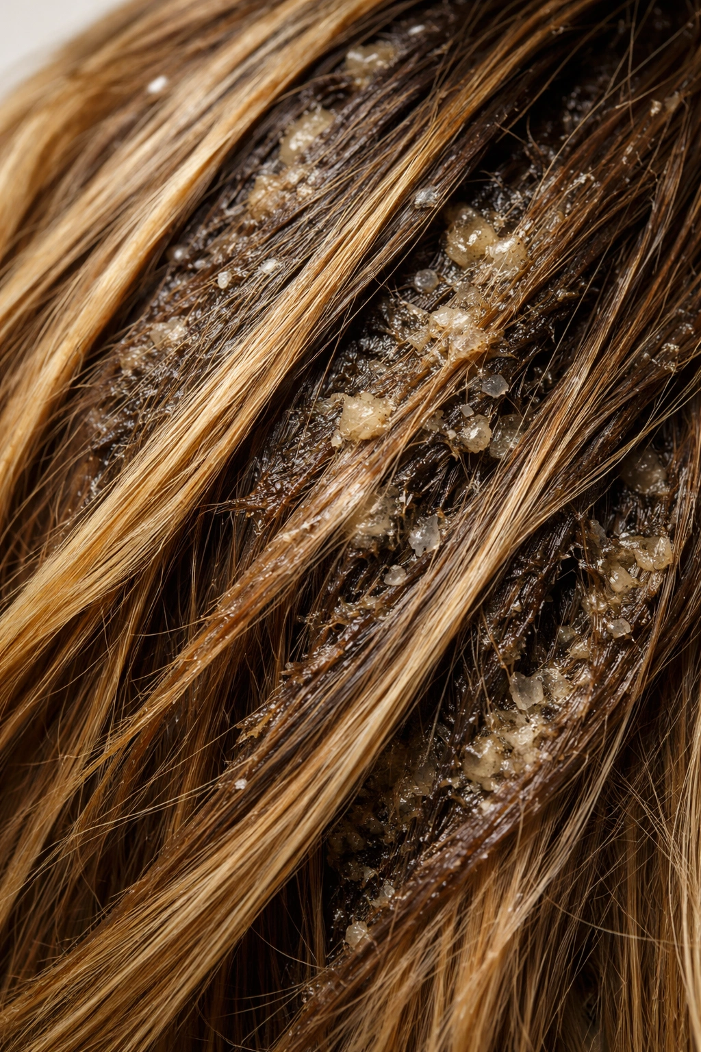 Greasy hair with product buildup on shaft