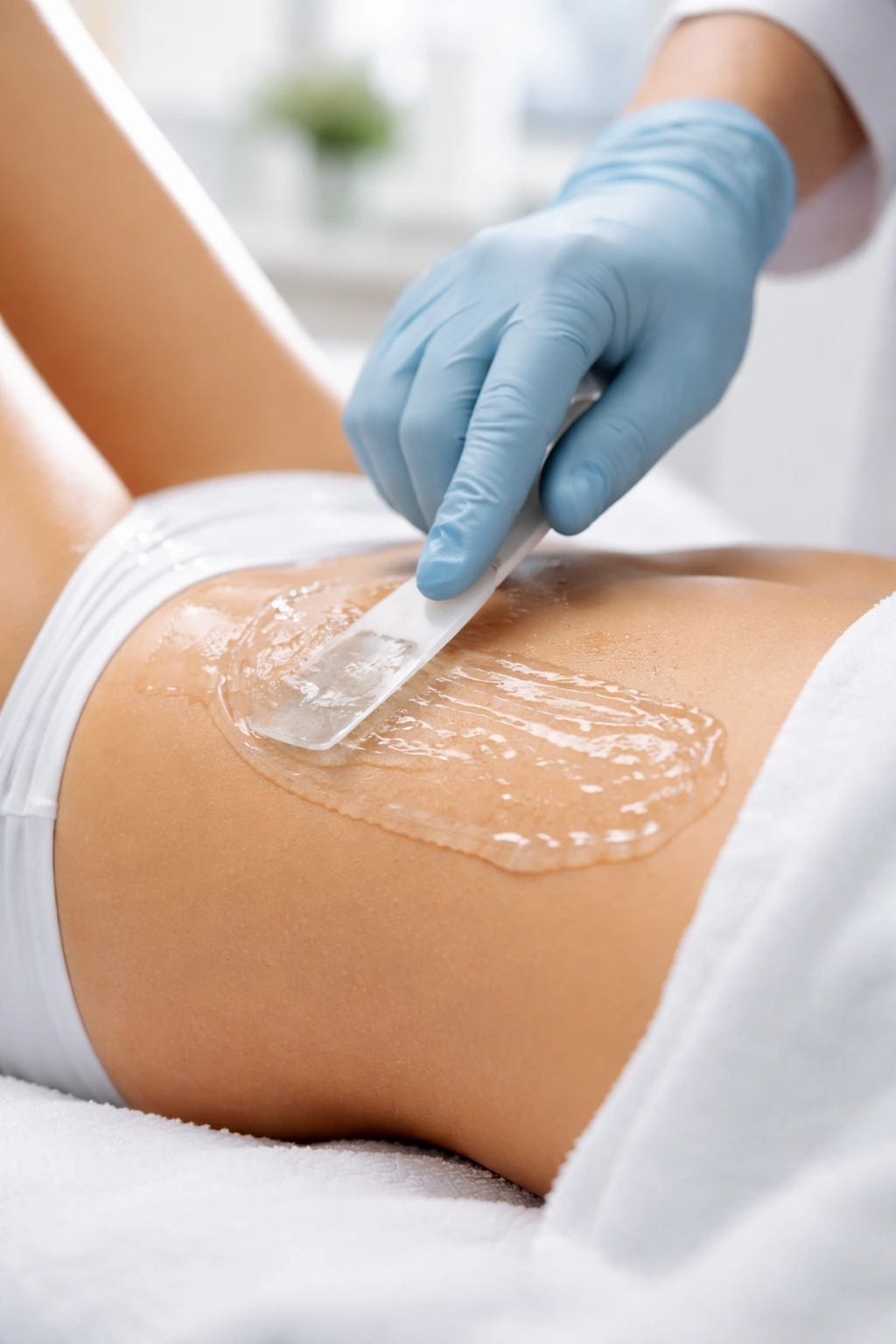 Skin with cooling gel applied during laser session.