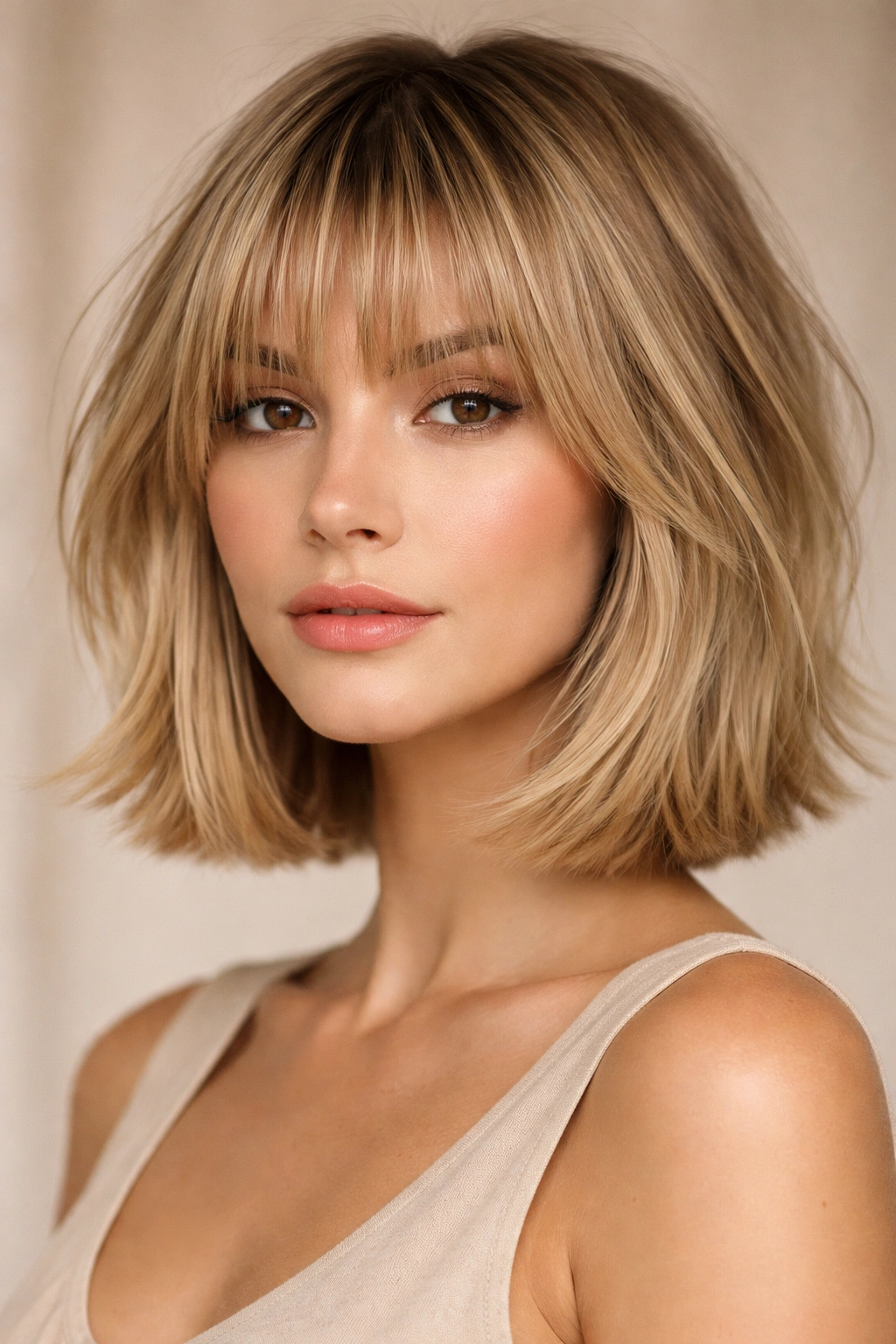 Model with disconnected bangs bob showing bangs separated from rest of hair.
